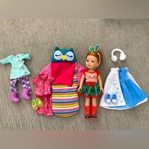 Like new AG Willa Wellie Wisher doll, clothing, shoe, and sleeping bag